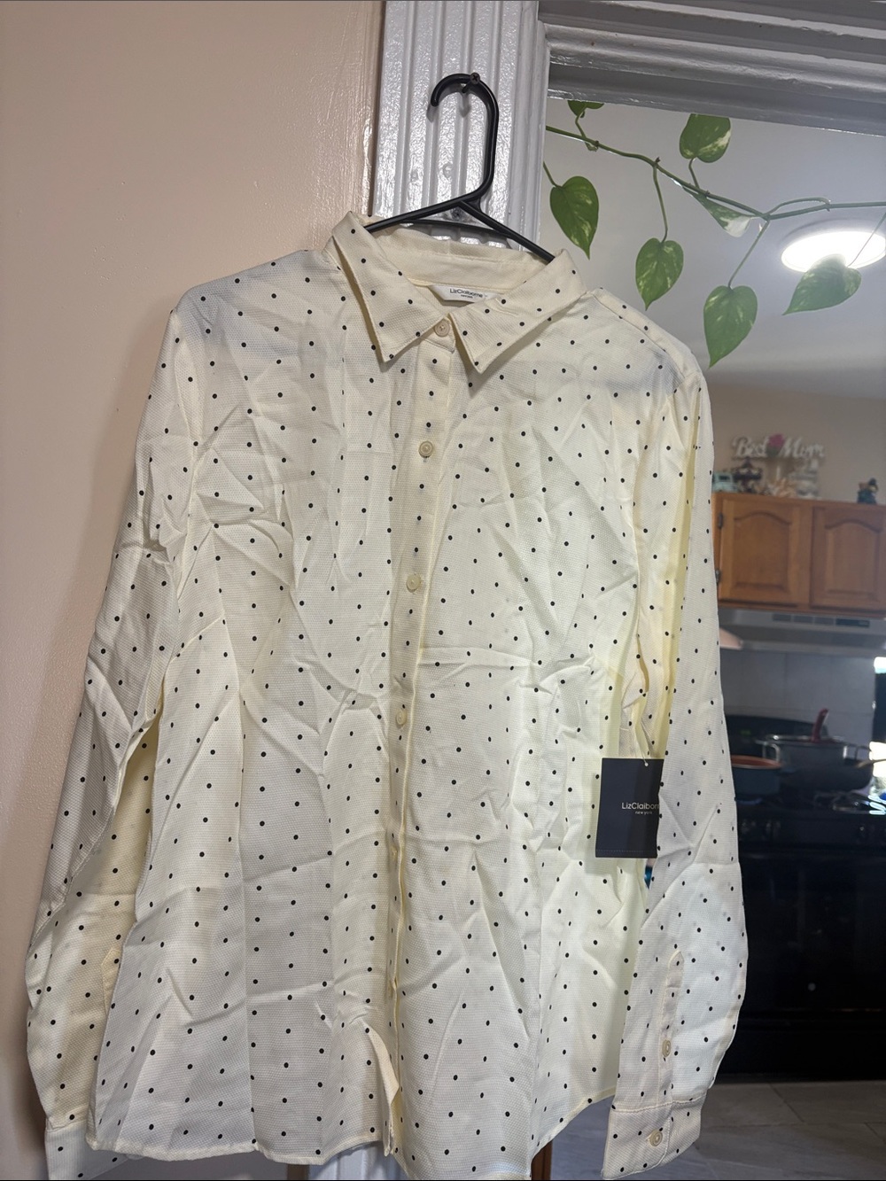 Liz Claiborne Cream Button-Down Shirt with Black Polka Dots
